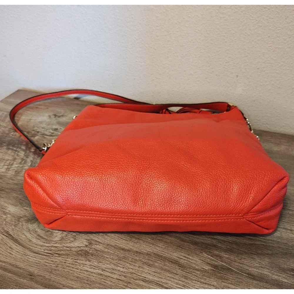 Michael Kors Hobo Crossbody Bag Womens Large Orange Pebbled Leather Tassel Gold